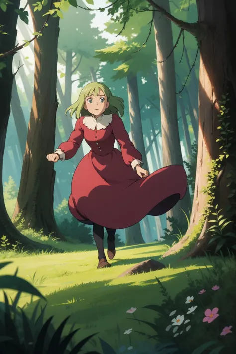 howl_s moving castle, 1girl, in the forest, (masterpiece,best quality:1.6)