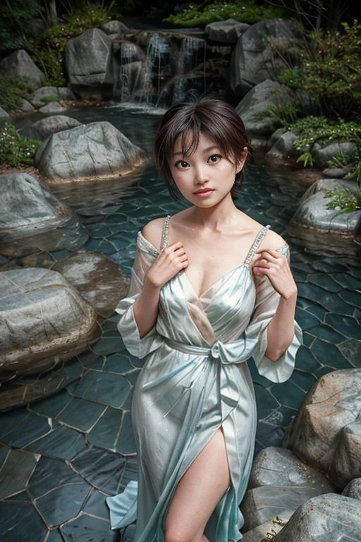 shiho, realistic photo, best quality, ultra high res, (8k),(High detail RAW color photo), (professional photograph),(photorealistic:1), (looking at viewer:1),    Misty Waterfall: "A misty waterfall in a lush mountain setting", __style__,  "A traditional bob cut, framing the face.", "A graceful mulberry silk gown with a flowy train, paired with elegant silver and pearl jewelry.", walking, portrait,  Reflective Pleasure: "A face showing pleasure with reflection and thought", __occasion__, beautiful finger,