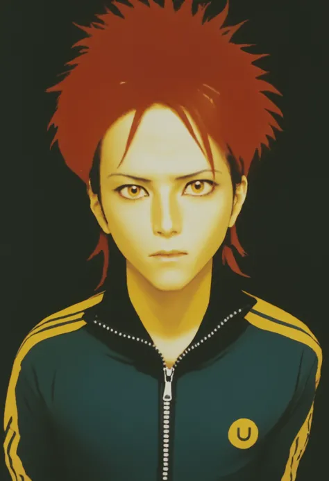 a close up of a person with a red hair and a jacket