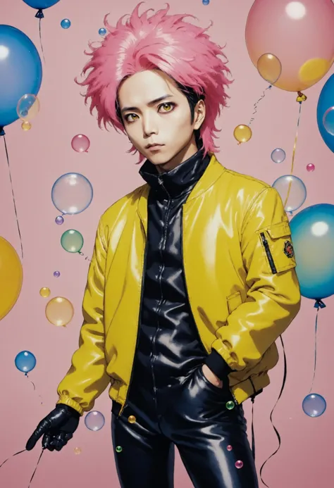 Hideto Matsumoto, a man with pink hair and black makeup posing for a picture with bubbles and balloons, amano, vivid, a colorized photo, neo-expressionism, pleather yellow jacket, masterpiece, official art, <lora:hide_SDXL:0.4>