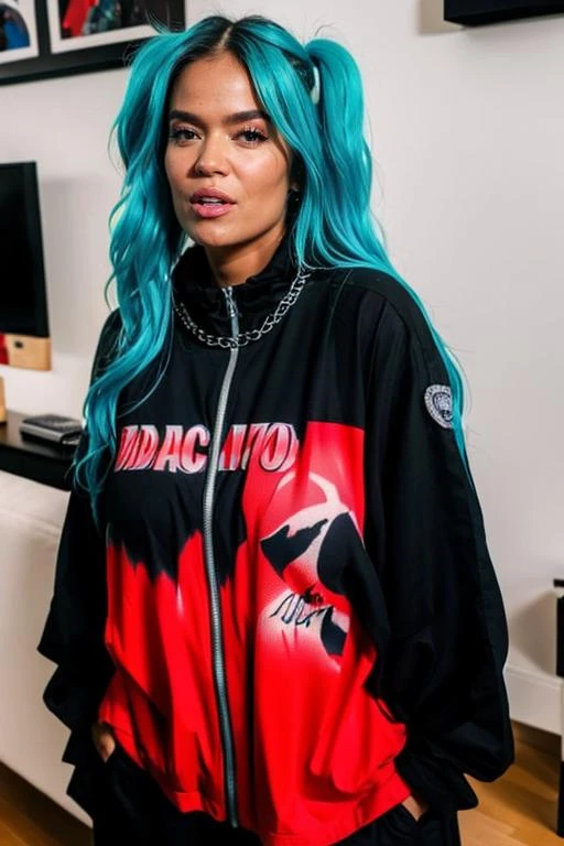 Bichota a woman with blue hair wearing a black and red jacket