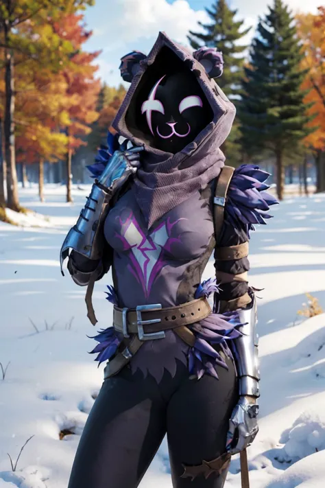 Raven Team Leader, purple hood, animal ears, shaded face, purple skin, scar on eye, (furry), (body fur:1.2), metal gloves, purple fur, belt, straps, :3, torso symbol, looking at viewer, standing, outside, park, field, trees, snow, autumn, overcast, high qu...