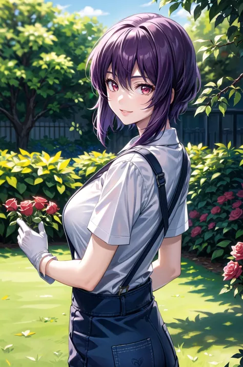 anime girl with purple hair and a white shirt and black overalls