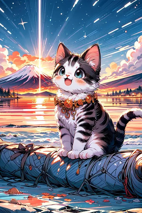 <lora:cat_20230627113759:0.7>, cat, happy smile, soft light, light on face, dynamic posture,
BREAK((solo, 1cat, adorable , young cat, cute cat, short hair), (full body:1.35), dynamic angle, detailed shadow, detailed lightning, (wide view, wide-angle lens)),
BREAK(cozy, outdoor, <lora:happyNewYear:0.4>, firstSunrise,outdoors,mount fuji,mountainous horizon,sunrise,sunset,sunlight,city,ocean),
BREAK(<lora:more_details:0.6>, extremely detailed, CG, 8k Amazing, finely detail, (masterpiece:2.0, best quality), (intricate details, depth of field)),   
RAW photo, 8k UHD,