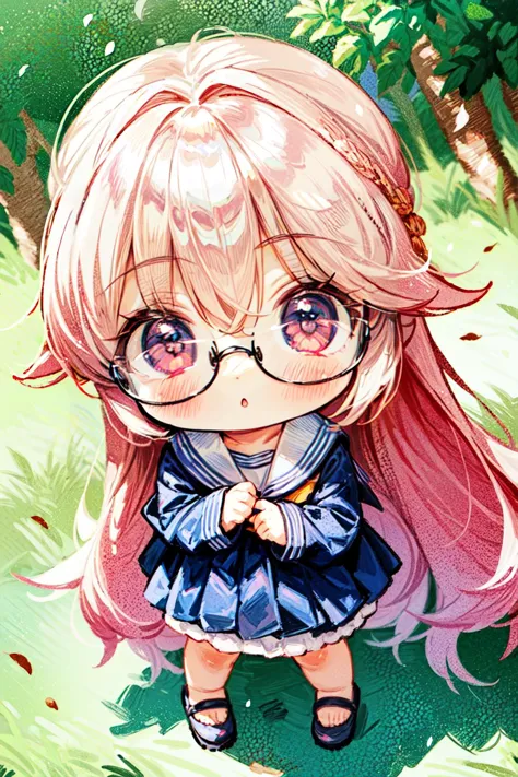 anime girl with glasses and pink hair standing in the grass