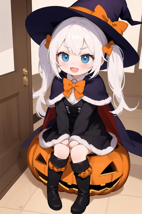 indoors,door,open door,halloween,halloween bucket,lollipop,sidelocks,1girl,solo,witch,kawaii,full body,
blue eyes,blush,nose blush,open mouth,^^^,wavy mouth,(evil smile:1.3),fang,embarrassed,v-shaped eyebrows,
white hair,bangs,o_o,long hair,twintails,
standing,hand between legs,holding basket,
pee,peeing,have to pee,peeing self,between legs,trembling,trick or treat,
hat,witch hat,halloween costume,dress,black dress,short dress,bowtie,red bowtie,bow,red bow,black headwear,stocking,black stocking,boots,knee boots,black footwear,long sleeves,capelet,cape,red capelet