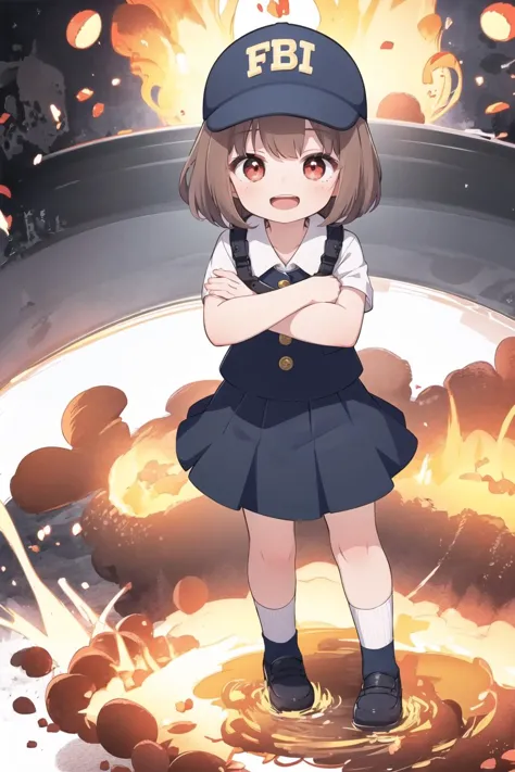 1girl, solo, brown hair, open mouth, skirt, smile, explosion!, red eyes, short hair, full body, looking at viewer, black skirt, white socks,  eyebrows visible through hair, ,  <lora:LoRA:0.8>, skistyle, ((blue fbi cap)), fbi, crossed arms