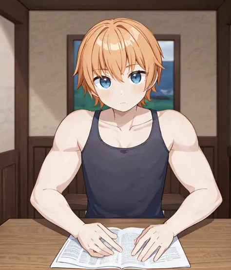 1boy, solo, male focus, <lora:senpai_2021_locon:0.6>, senpaica2021, blue eyes, orange hair, short hair, tank top, muscular, musc...