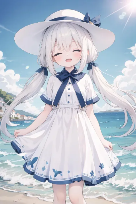 cute little girl standing in a Mediterranean port town street,wind,pale-blonde hair, blue eyes,very long twintails,white dress,white hat,blue sky,laugh,double tooth,closed eyes,looking at viewer,lens flare,dramatic, coastal