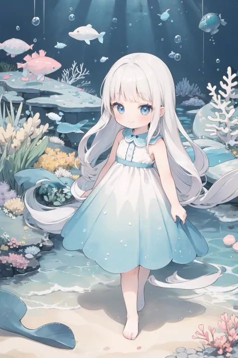 (cute young kawaii maiden girl:1.2),gradation silver long hair,gradation clear eyes,embroidery white+light clear blue water dress clothes,prairie skirt,deep sea,nostalgic fantasy gorgeous sea world art,Remains,smile,small mouth,air bubbles,fish,sand,dolphin,coral reef,contour sharp,clear blue water world,walk