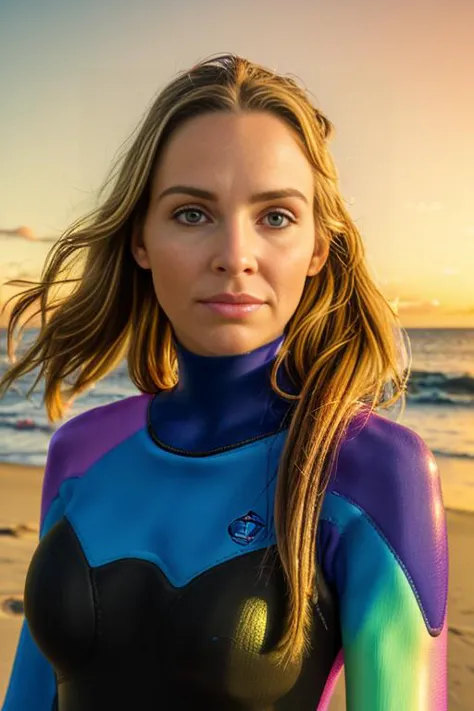 a realistic photograph of (fit and muscular:1.2) beautiful(Wh1tn3y:1.1) woman wearing a full length (Colorful neon irridescent wetsuit:1.3),standing on a beach in Fiji,next to a surfboard,hourglass figure,with sunsetting on horizon,facing viewer,seductive expression on face,photorealistic,natural lighting,sony a7,35mm,hyperrealistic,big depth of field,concept art,colors,hyperdetailed,hyperrealistic,(big depth of field),(golden hour),(ambient light),ample bosum,PA7_Portrait-HL,