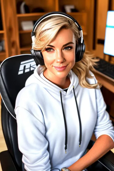 headshot, professional photograph of ((alanah_pearce_face:0.89)), a woman (wearing an oversized hoodie, headphones), streamer, g...