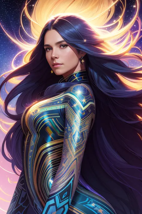 aurora, woman with super long hair, hair becoming bright stars, intricate, highly detailed, digital painting, artstation, concep...