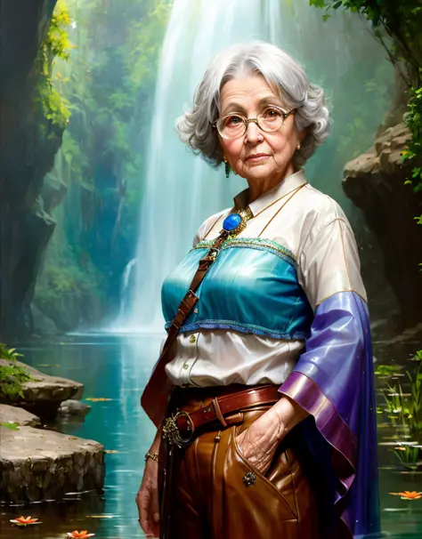 beautiful picture portrait of an (old woman:1.3) in cavern pond, full body view, rainbow color theme, (clear eyes) judging, (cin...