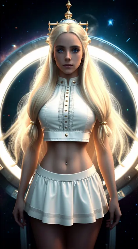 tiktok girl, close up (standing:1.21) blonde hair , long-hair , victorian era , white microskirt, crop top , in a space ship , j...
