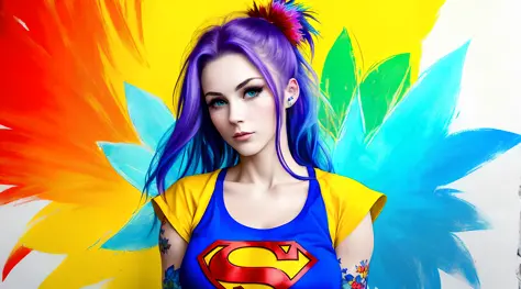 painting of a beautiful ( superhero ) girl with twigs and flowers in her hair. (from below:1.2) . deep cleavage, wearing a t-shi...