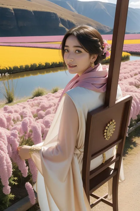 arafed woman in a white dress sitting on a chair in a field of flowers