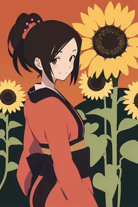 a close up of a woman in a kimono outfit standing in front of a sunflower