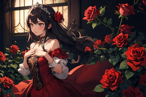 anime girl in red dress surrounded by red roses