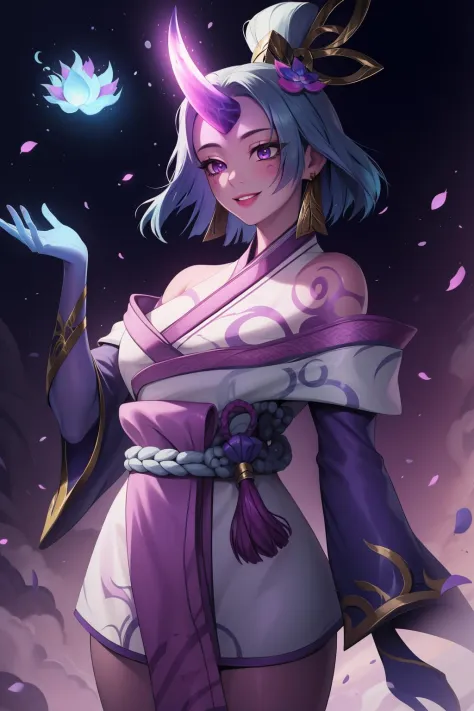 (masterpiece, best quality:1.2), intricate details, <lyco:GoodHands-beta2:1>, <lora:spirit_blossom_soraka-000015:1>, spirit blossom soraka, 1girl, purple skin, colored skin, single horn, kimono, hair ornament, bare shoulders, smile