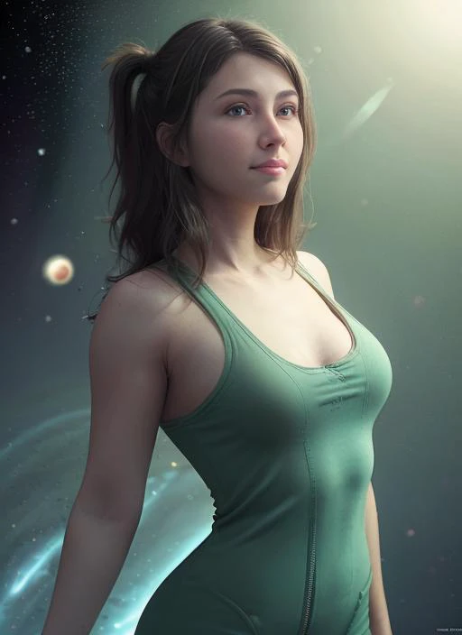 award winning photo of a 25 years old woman, (green unzipped coveralls:1.5), pudgy face, with medium dark hairstyle, beautiful face, floating embers, (small toned breasts:1.5), detailed hazel eyes, zero-gravity, fireflies, vaporware, cell shaded:1.0, (octane render:1), trending on artstation, highly detailed, fine detail, intricate, space background,  