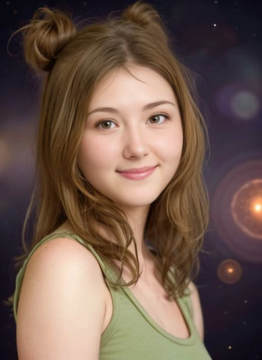 award winning upper body portrait of a cute 20yo woman as Kaylee from Firefly, smiling,  (green dorty tanktop:1.5), pudgy face:0.5,  with medium bronze hairstyle, beautiful face, floating embers, (small toned breasts:1.5), detailed hazel eyes, zero-gravity, fireflies, highly detailed, fine detail, intricate, space background,  selfie