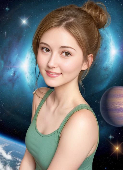 award winning upper body portrait of a cute 20yo woman, smiling,  (green dorty tanktop:1.5), pudgy face:0.5,  with medium bronze hairstyle, beautiful face, floating embers, (small toned breasts:1.5), detailed hazel eyes, zero-gravity, fireflies, highly detailed, fine detail, intricate, space background,  selfie