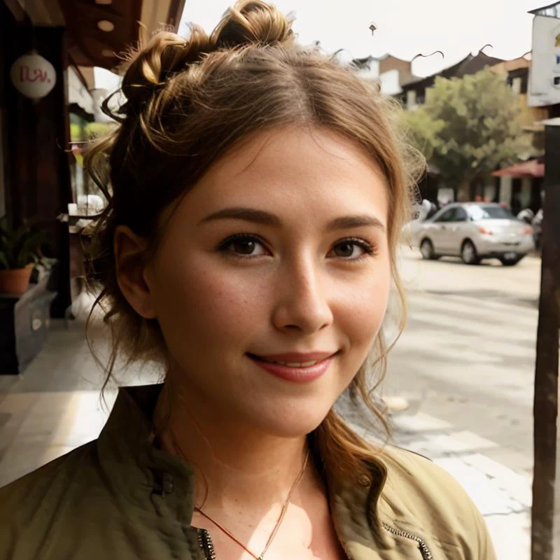 piercing eyes, looking straight, a cute 25yo woman happy, double bun hairstyle, sandy blonde hair updo, wearing a olive green coveralls mechanic half zipped, closeup portrait, in a outdoor cafe in 2015, afternoon light, depth of field, sharp focus, smiling, big smile showing perfect teeth, pudgy face, light makeup, detailed skin, texture, intricate details, freckles