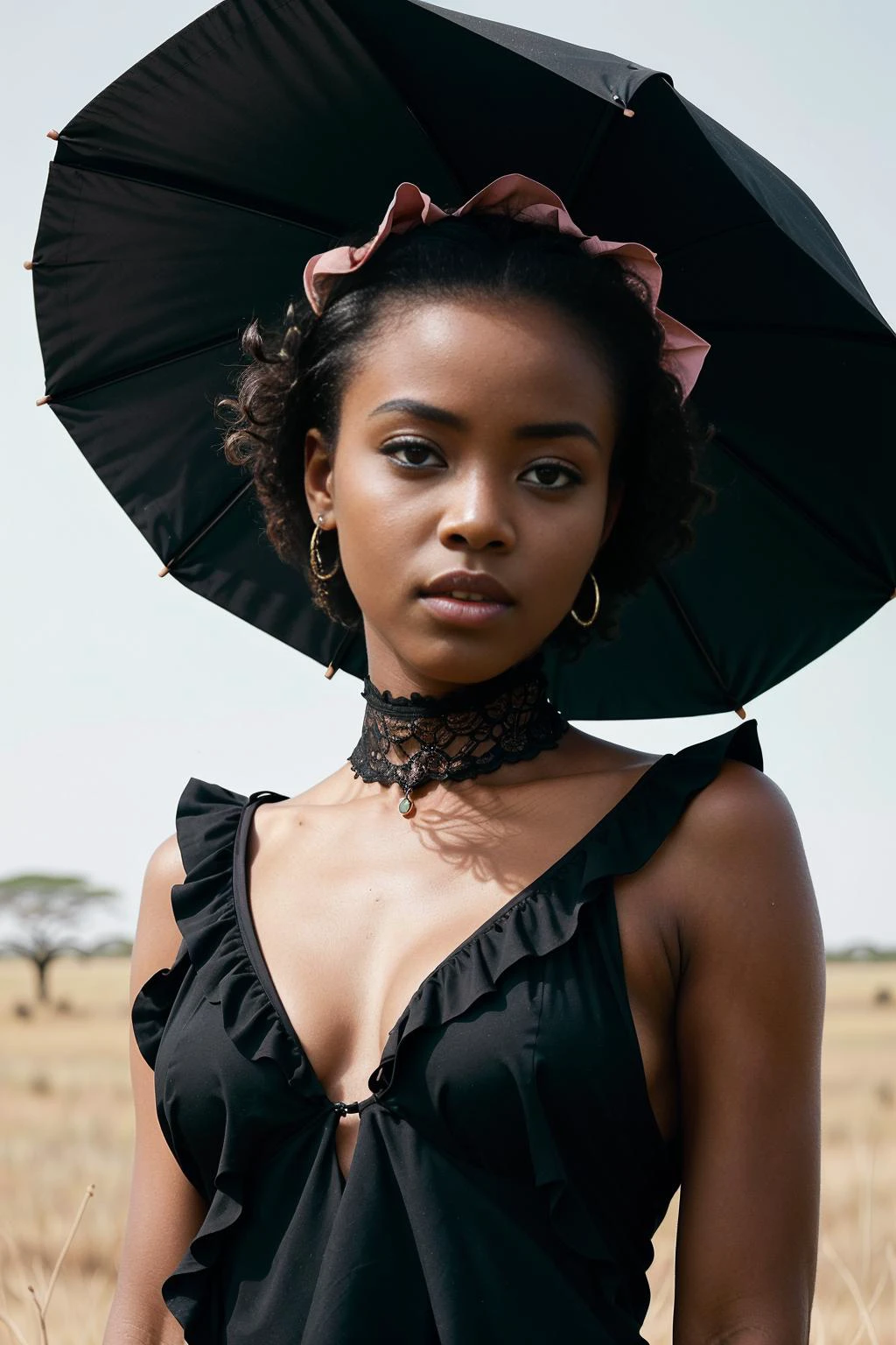 (realistisch, preisgekröntes Farbfoto) Nahaufnahme nackten Körper Porträt eines jungen (schwarzes afrikanisches Mädchen:1.2) Modell (mit langem pastellrosa asymmetrischem Haarschnitt:1.2), (Arbeit im atemberaubenden Serengeti Nationalpark in Tansania mit Safari Wildlife und weiten Ebenen:1.1), (Gothic-Stil mit Rüschenkleidern und Spitzensonnenschirmen tragen:1.2), widerstrebend entblößt sie ihre nackte Kleine , (smug), (Hände auf dem Kopf:1.1),  (Leuchtende Low-Key-Beleuchtungsfotografie:1.1), Ästhetik mit hohem Kontrast, (Fokus auf die Augen), engelhaft, schönes Gesicht,(harte Schatten, pechschwarzer Untergrund, unlit,  Dunkles Thema, Licht dimmen, tiefer Kontrast:1.2), (Hintergrund im Fokus)