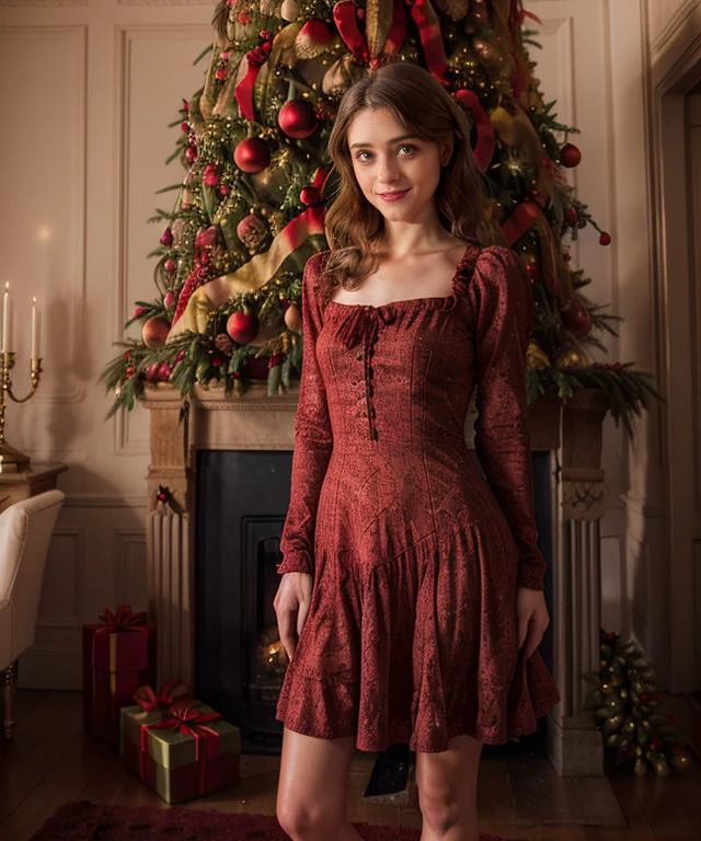 RAW, 50mm f 1.2, full body photograph or gorgeous fit, thin  n4t4l14d, face ,   wearing a red Victorian dress posing in front of ((Christmas tree)) in large Victorian Room, fireplace, eye contact, flirty smile, hyperdetailed 
