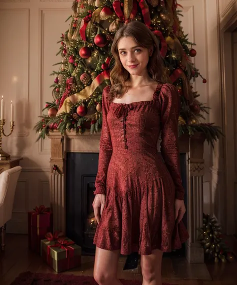 RAW, 50mm f 1.2, full body photograph or gorgeous fit, thin  n4t4l14d, face ,   wearing a red Victorian dress posing in front of ((Christmas tree)) in large Victorian Room, fireplace, eye contact, flirty smile, hyperdetailed 
<lora:n4t4l14d:1>