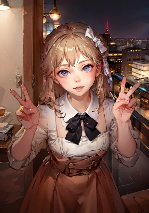 1girl, (masterpice:1.1), (realistic:1.3), 4k, night light, perfect face, best quality,  (pink dress:1.1), white bow-tie, shiny face, (double v:1.1), from above,  cafe, blur background,  <lora:doubleVConcept_v1:1>