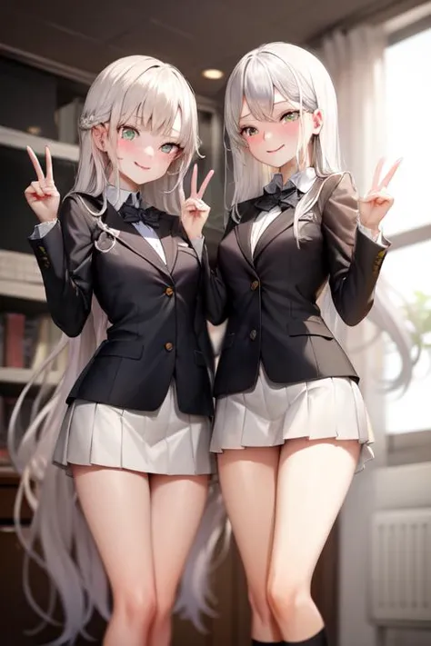 two anime girls in school uniforms posing for a picture