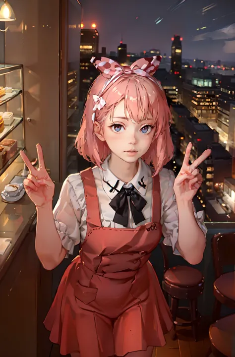 1man, (masterpice:1.1), (realistic:1.3), 4k, night light, perfect face, best quality,  (pink dress:1.1), white bow-tie, shiny face, (double v:1.1), from above,  cafe, blur background,  <lora:doubleVConcept_v1:1>