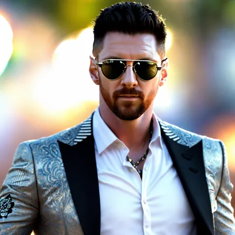 8k portrait of nyd messi in a ((gangster look)) wearing (((sun glasses))), dope look, intricate, elegant, highly detailed, ((photo realistic)),cinematic lighting, octane render unreal engine, volumetrics dtx, (film grain, blurry background, blurry foreground, bokeh, depth of field)