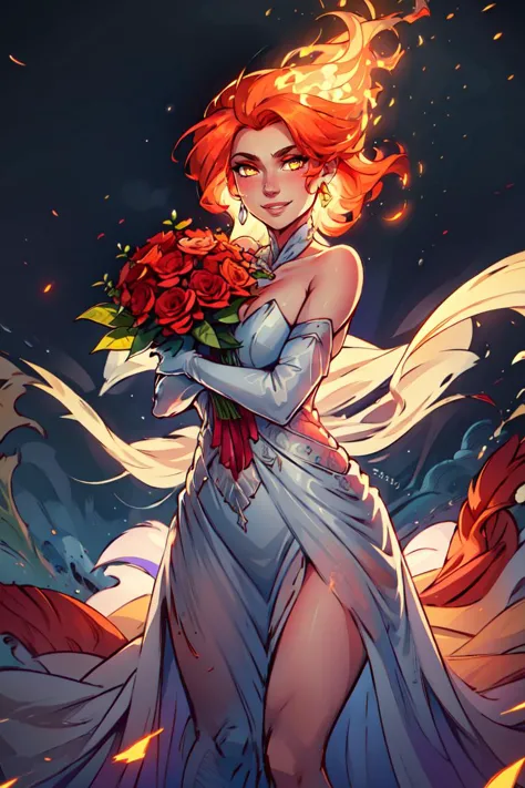 ((masterpiece,best quality)), absurdres, <lora:Fiery_Hair:0.8>, Fiery_Hair, fiery hair, glowing,  1girl,  solo, smiling, looking at viewer, cowboy shot,   bride, wedding dress, bridal veil, strapless dress, elbow gloves,  holding bouquet,