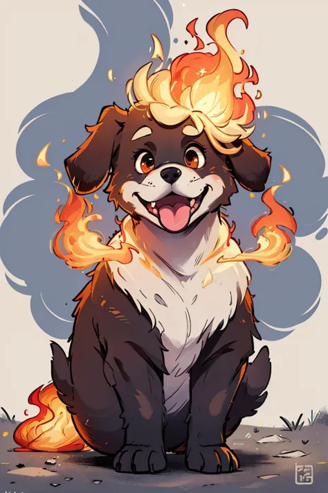 ((masterpiece,best quality)), absurdres, <lora:Fiery_Hair:0.8>, Fiery_Hair, cute dog, fluffy, on fire, tongue out, happy