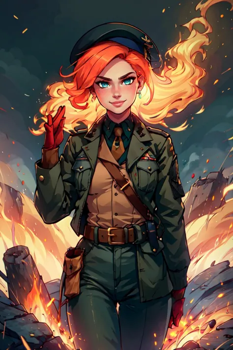 ((masterpiece,best quality)), absurdres, <lora:Fiery_Hair:0.8>, Fiery_Hair, fiery hair, glowing,  1girl,  solo, smiling, looking at viewer, cowboy shot,  military uniform, military, soldier, belt, green pants, beret, brown jacket, world war ii, war, military vehicle, battlefield, battle, dust