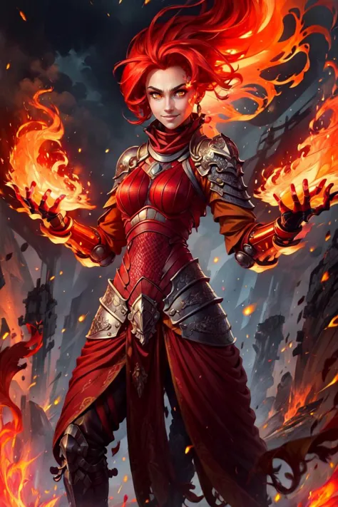 a woman in armor with fire in her hands