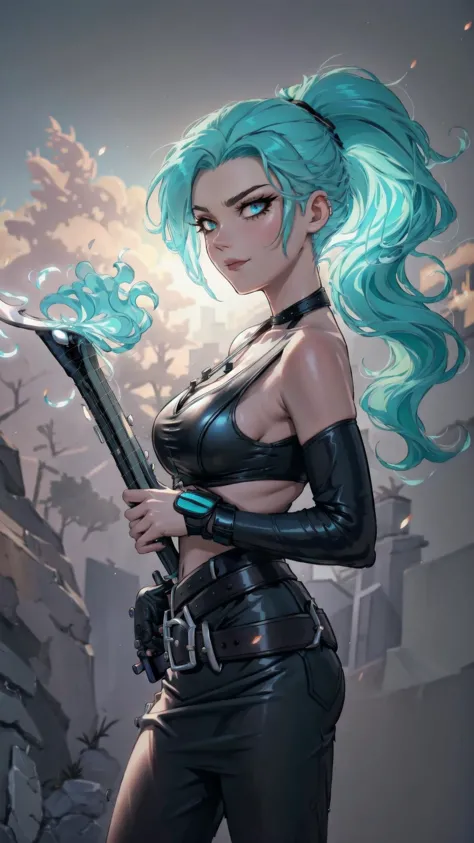 <lora:Fiery_Hair:0.8> Fiery Hair, fiery hair, glowing, blue fire, BREAK, <lora:Ember_McLain_Danny_Phantom_Anime:0.8> Ember McLain Danny Phantom, pony tail, aqua hair, (smug:1.15), goth, big belt, pale skin, eyeliner, BREAK, guitar, electric guitar, holding instrument, BERAK,, masterpiece, best quality, extremely detailed, highly quality, 4k, sharp focus, professional, sharp focus, award winning, cinematic lighting, octane render, unreal engine, volumetrics dtx, Wallpaper,