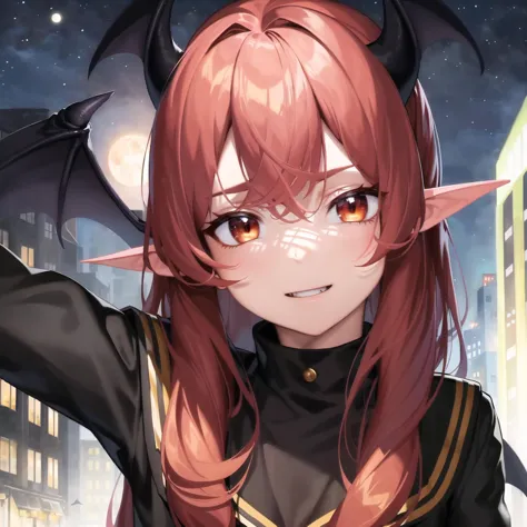 anime girl with long red hair and horns in a city