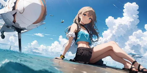 (masterpiece:1.1), hi-res, 4k, extremely delicate and beautiful art, pastel color, anime, beautiful detailed eyes, 1 anime girl, a girl sitting on the ground, lean back with arms behind back, knees up, a futuristic flying object, wind, blue sky with clouds, bare midriff, long hair, the water's edge, dutch angle