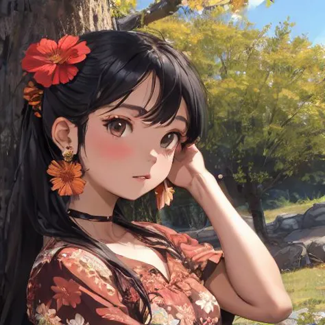 1girl, solo, long hair, breasts, looking at viewer, blush, bangs, black hair, hair ornament, dress, brown eyes, jewelry, closed mouth, standing, ponytail, flower, short sleeves, earrings, outdoors, parted lips, hair flower, black dress, bracelet, from side, tree, looking to the side, floral print, red flower