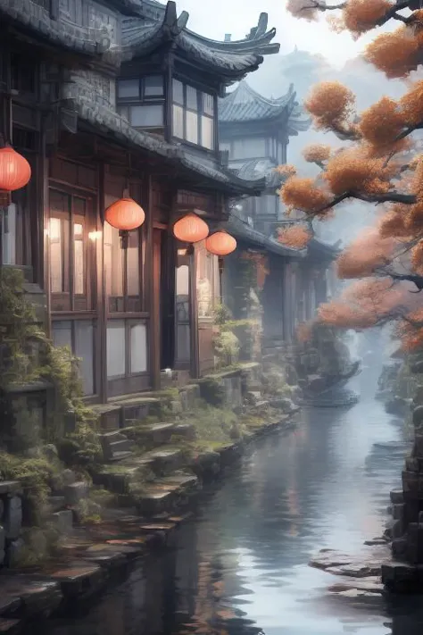 there are many lanterns hanging over a river in a asian village