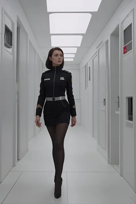 woman in a tight uniform walking in a dark and futuristic hallway, multiple lights, high heels, high angle,
realistic, 8k, highl...