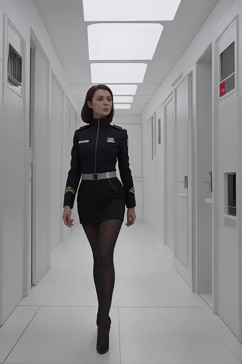 a woman in a uniform walks down a long hallway