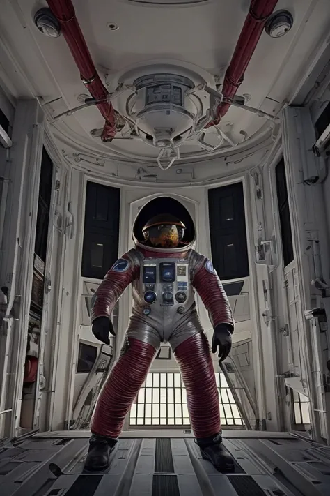 astronaut in a space suit standing in a space station