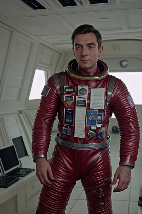 arafed man in a red space suit standing in a room