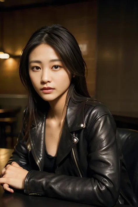 Best quality, masterpiece, ultra high res, (photorealistic:1.4), raw photo, closeup, in coffeeshop, deep shadow, dark theme, sitting down, leather jacket, long hair,