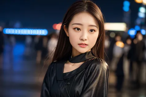masterpiece,realistic, 4k, detailed, a close up of <lora:WDY4k4:1>  modeling in street of seul in the night, highly detailed face, f2.8,denoise, dof, full body, elegant black clothes, blur background, bangs, long hair,